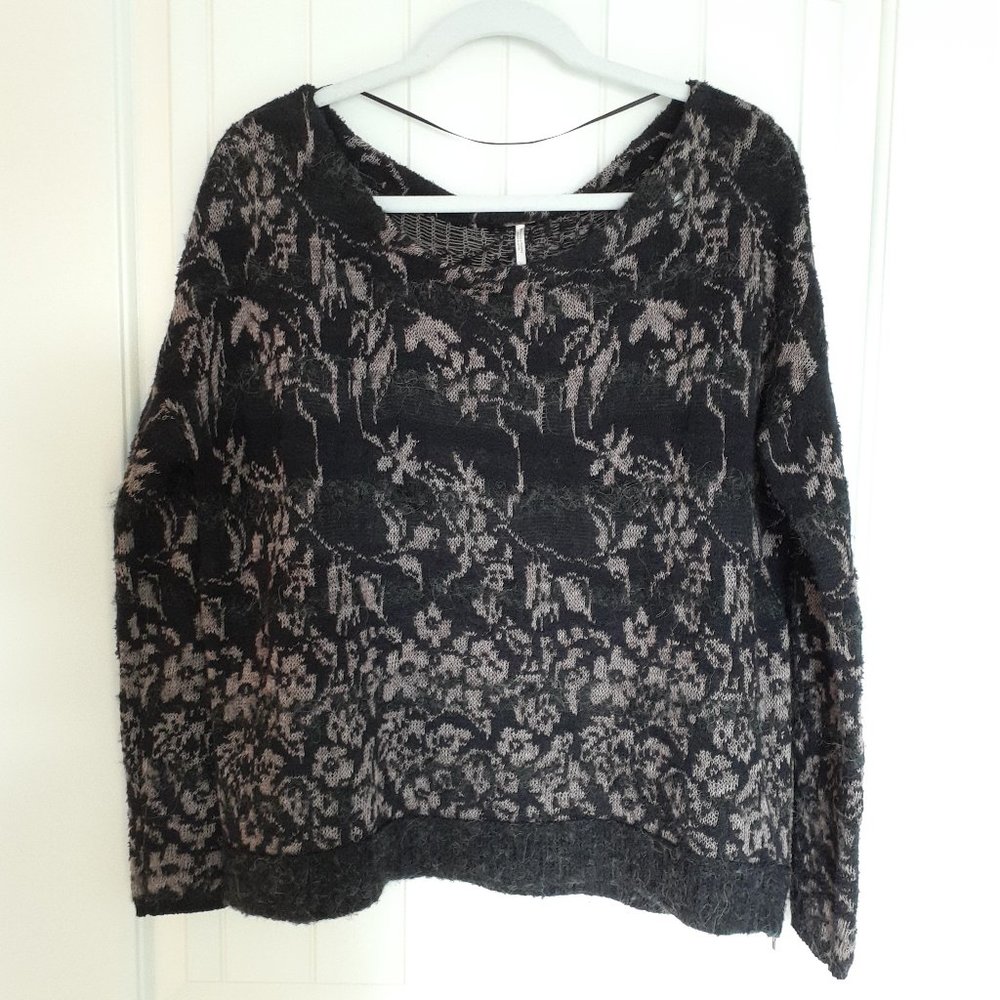 Free People Floral Fields Angora Blend Sweater Black Tan Size S